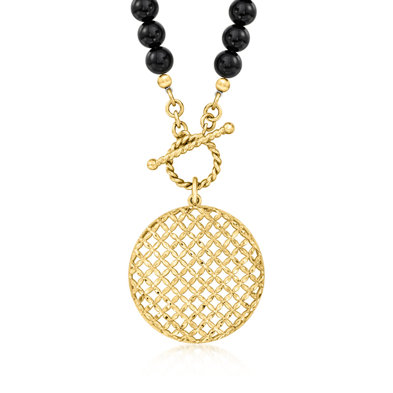 Round gold crisscross medallion toggle necklace with black onyx bead chain