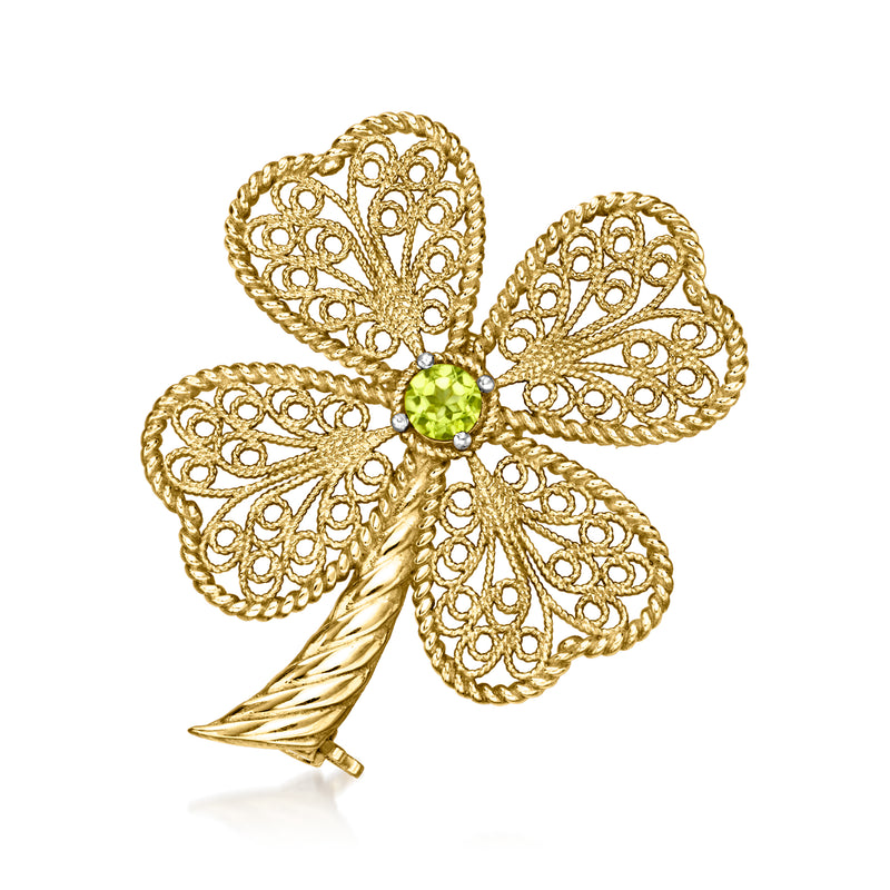 18kt gold over sterling clover filigree pin with round peridot center