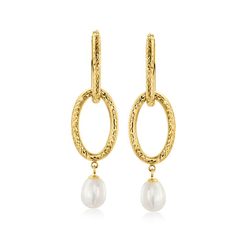 Yellow gold hoop drop earrings with freshwater pearl dangle charms