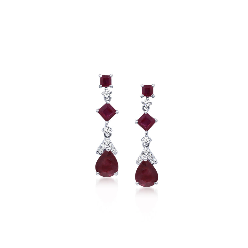 Ruby and diamond drop earrings in white gold, with red gemstone teardrop drops