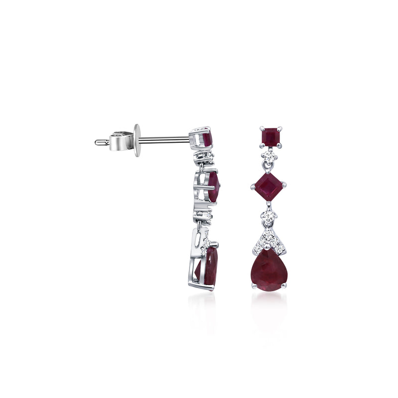 White gold drop earrings with dangling red gemstones and small diamond accents