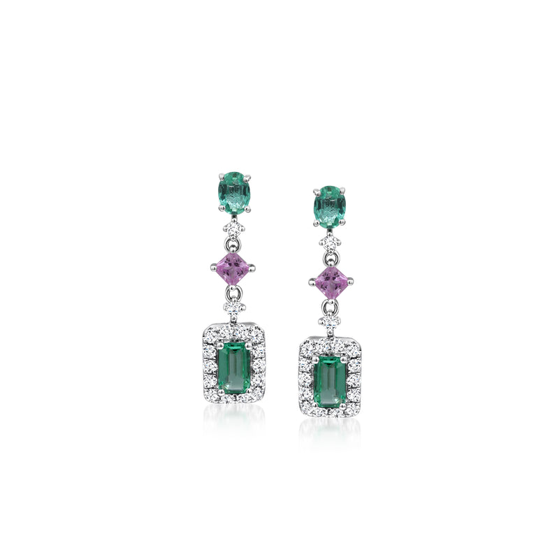 14kt white gold drop earrings with green emeralds, pink sapphires, and diamond accents