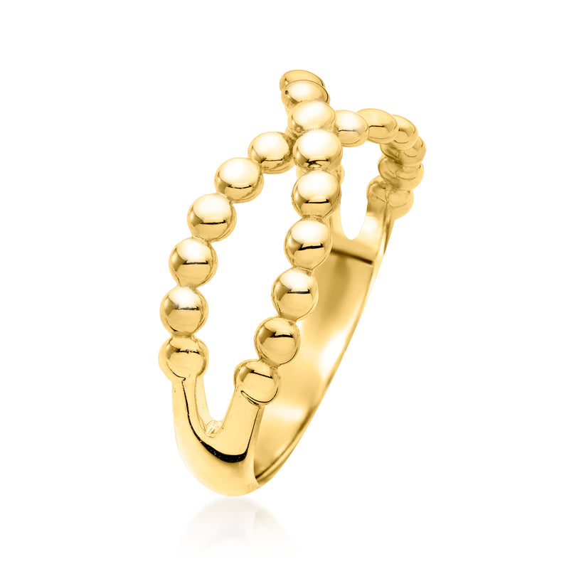 Gold crisscross bead ring, side view with raised round bead texture