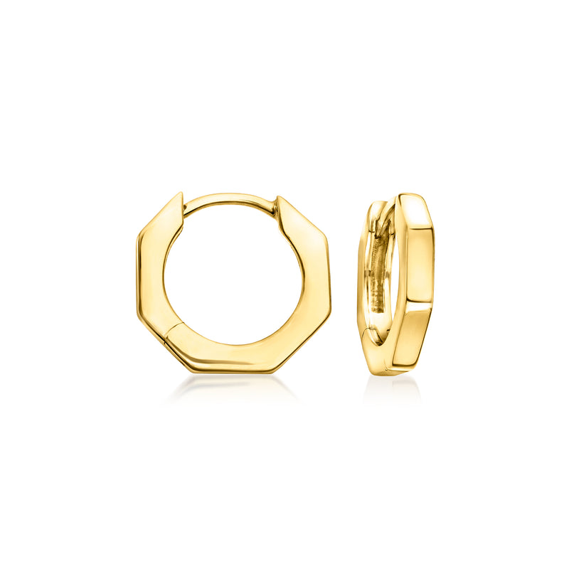 Geometric gold vermeil huggie hoop earrings with octagonal hoop shape and post closure