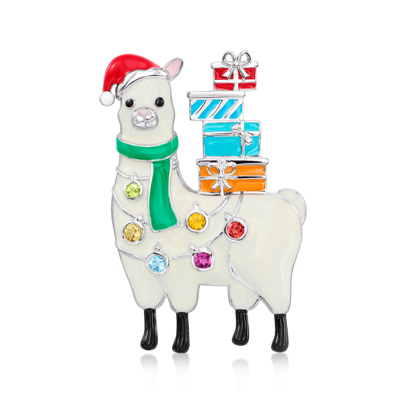 Sterling silver llama pin with colorful enamel, gemstone-like accents, and red Santa hat