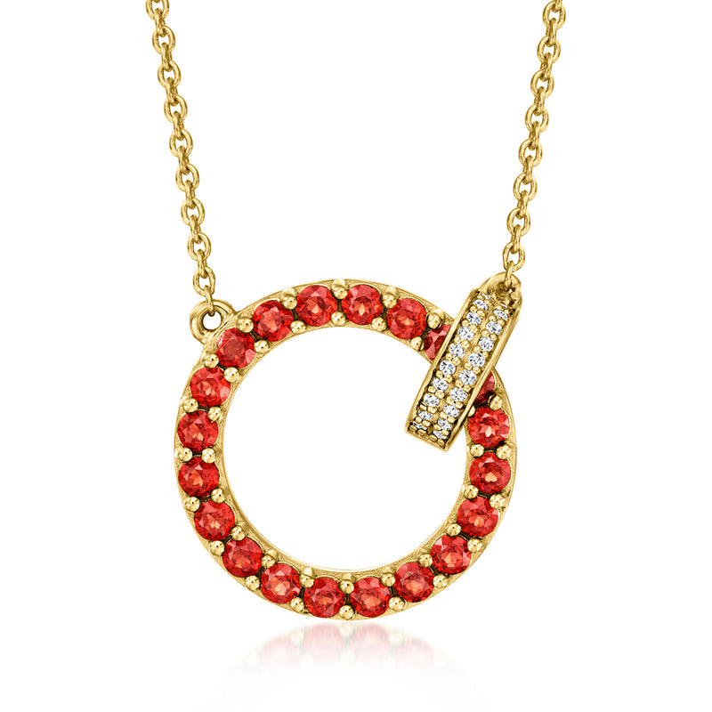 Gold-tone necklace with round garnet-stone circle clasp and diamond-accent bar
