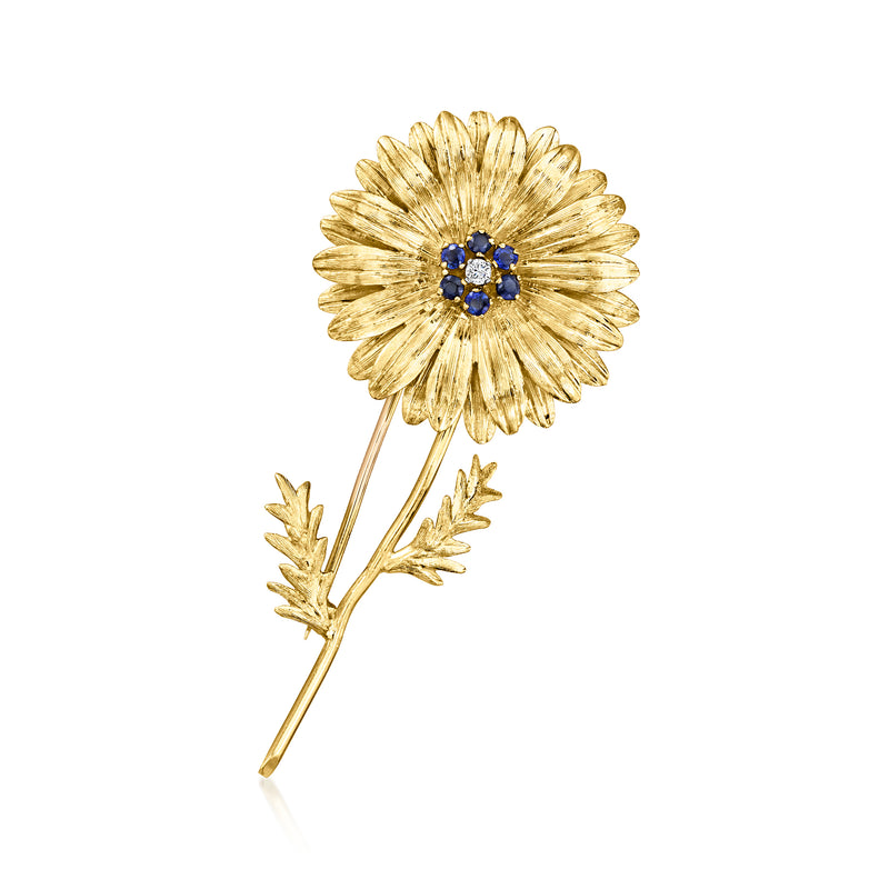 Vintage 18kt yellow gold flower pin with blue sapphire cluster and diamond accents