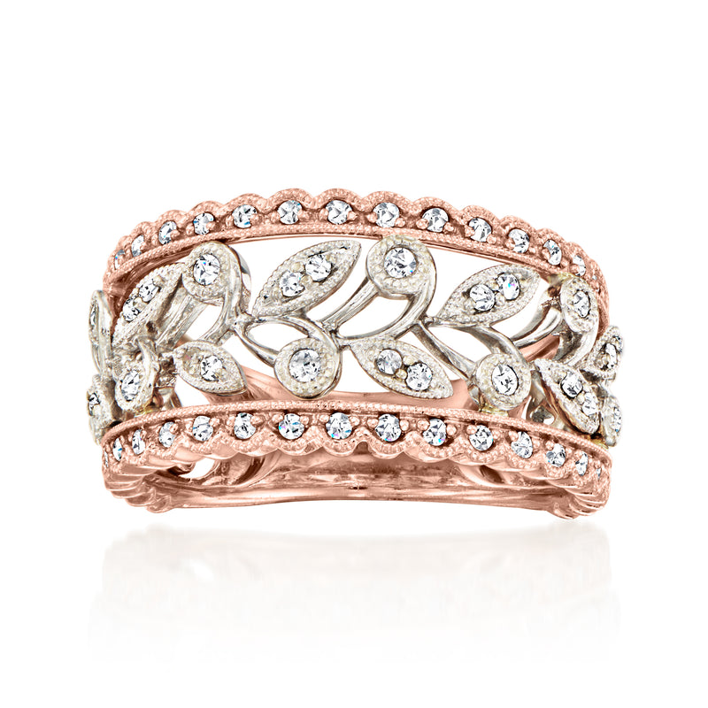 Two-tone gold leaf diamond vintage ring with bezel-set stones, rose and white gold