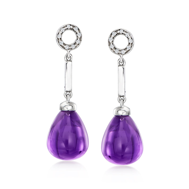 Amethyst and diamond drop earrings with purple teardrop beads in white gold