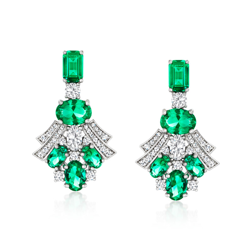 Sterling silver drop earrings with emerald-green stones and CZ accents