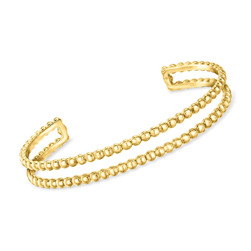 Gold vermeil two-row bead cuff bracelet with scalloped edge and chain beads