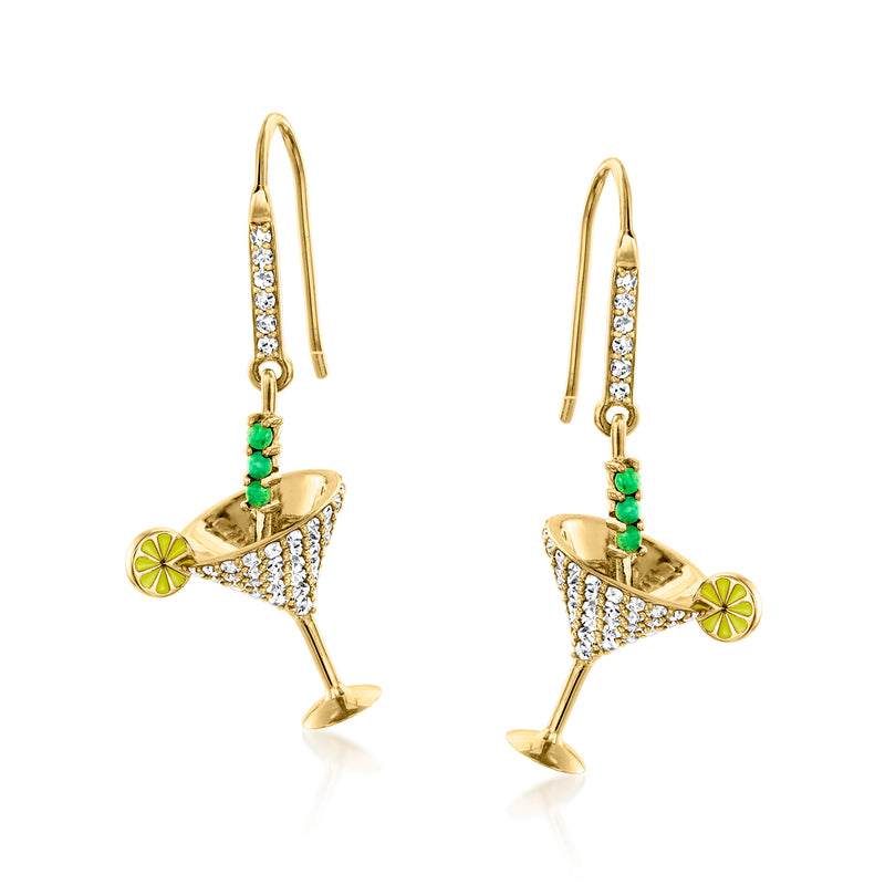 Gold martini drop earrings with white stones, green beads, and yellow enamel