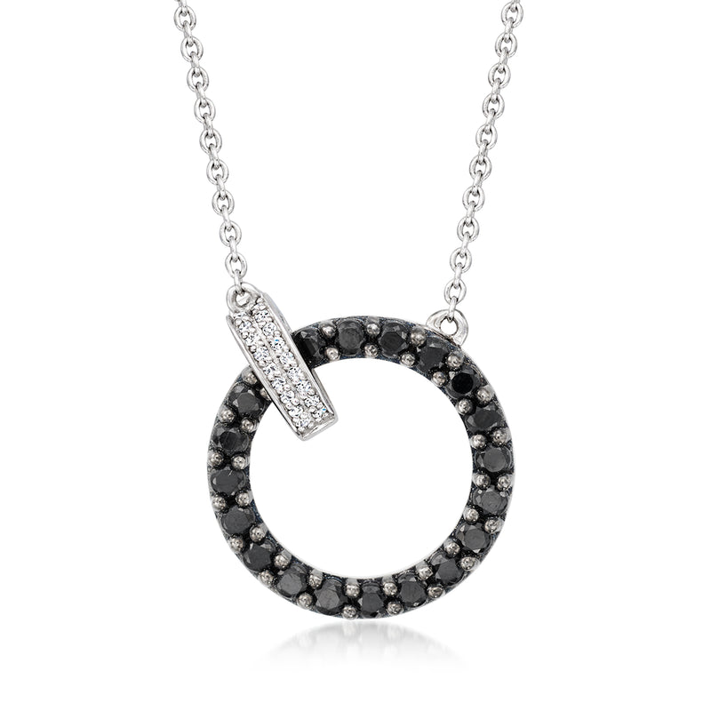 Sterling silver necklace with round black spinel circle clasp and diamond bar accent