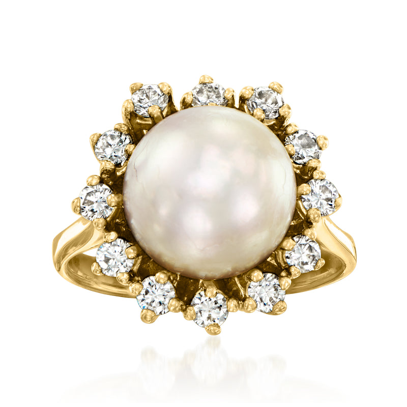 18kt yellow gold ring with round cultured pearl center and diamond halo
