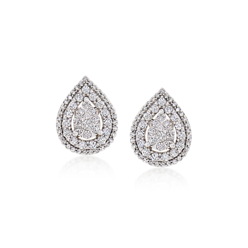 Teardrop diamond cluster drop earrings in 14kt white gold, halo setting