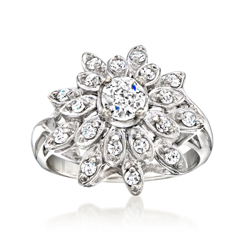 Vintage 14kt white gold diamond cluster ring, round center with halo of small stones.