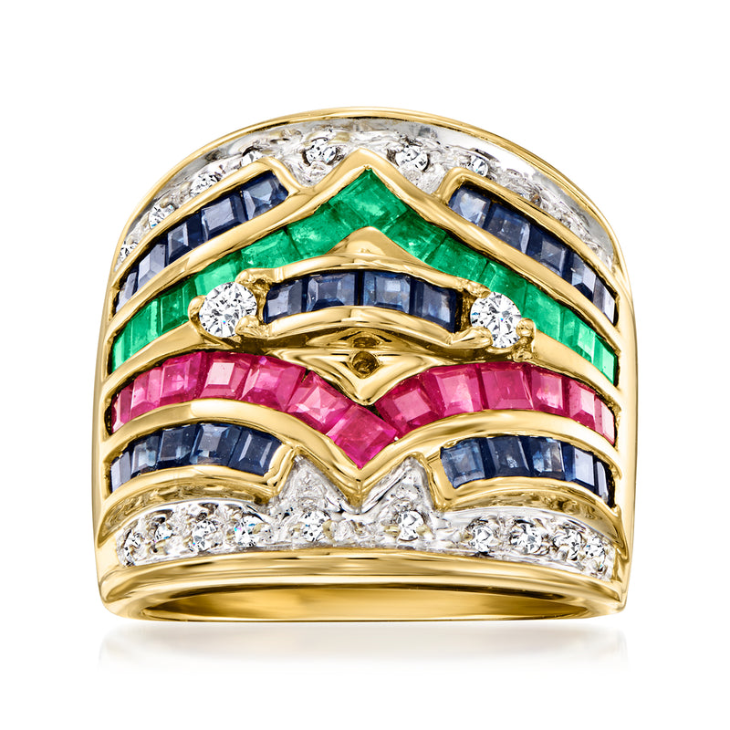 Yellow gold multi-gem diamond ring with green, pink, and blue stones.