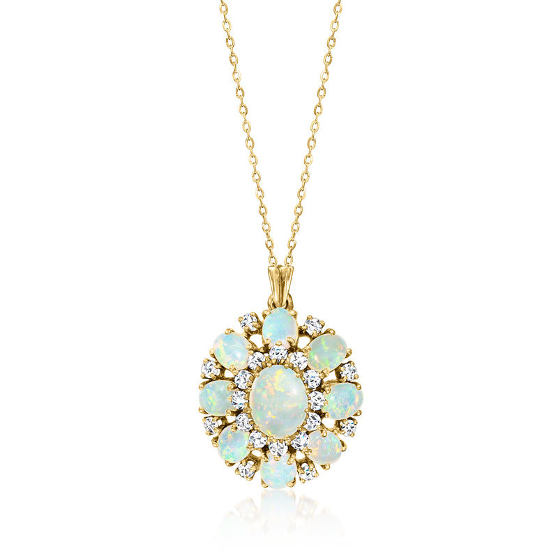 18kt yellow gold opal and diamond cluster pendant on linked chain necklace