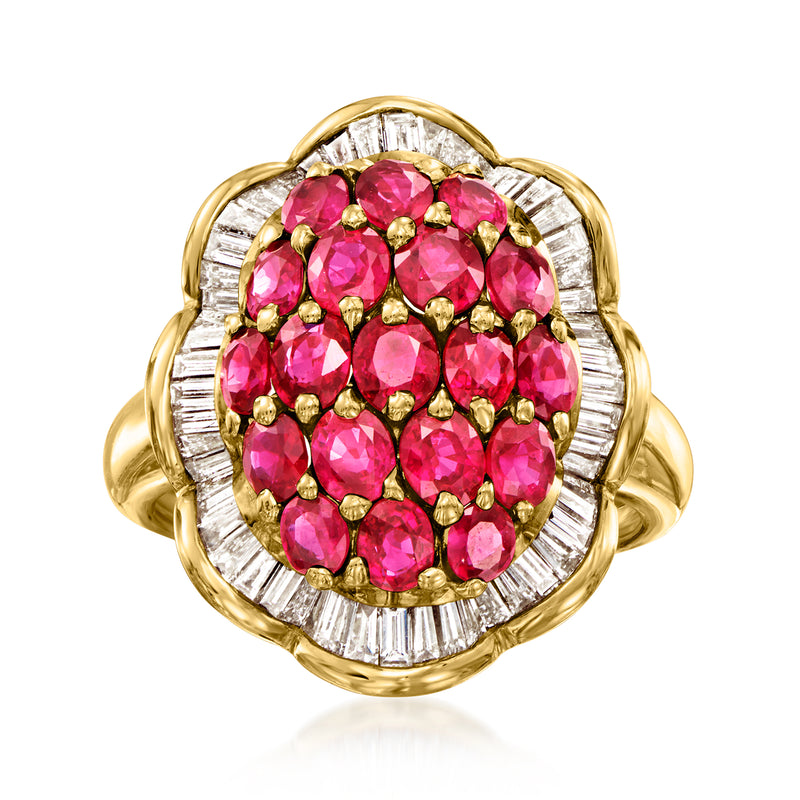 Yellow gold scalloped ruby and diamond cluster ring, pink stones with gold prongs