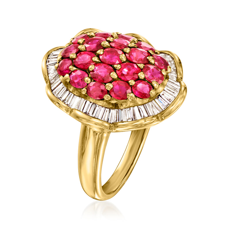 Yellow gold scalloped ring with ruby oval cluster and baguette diamond border