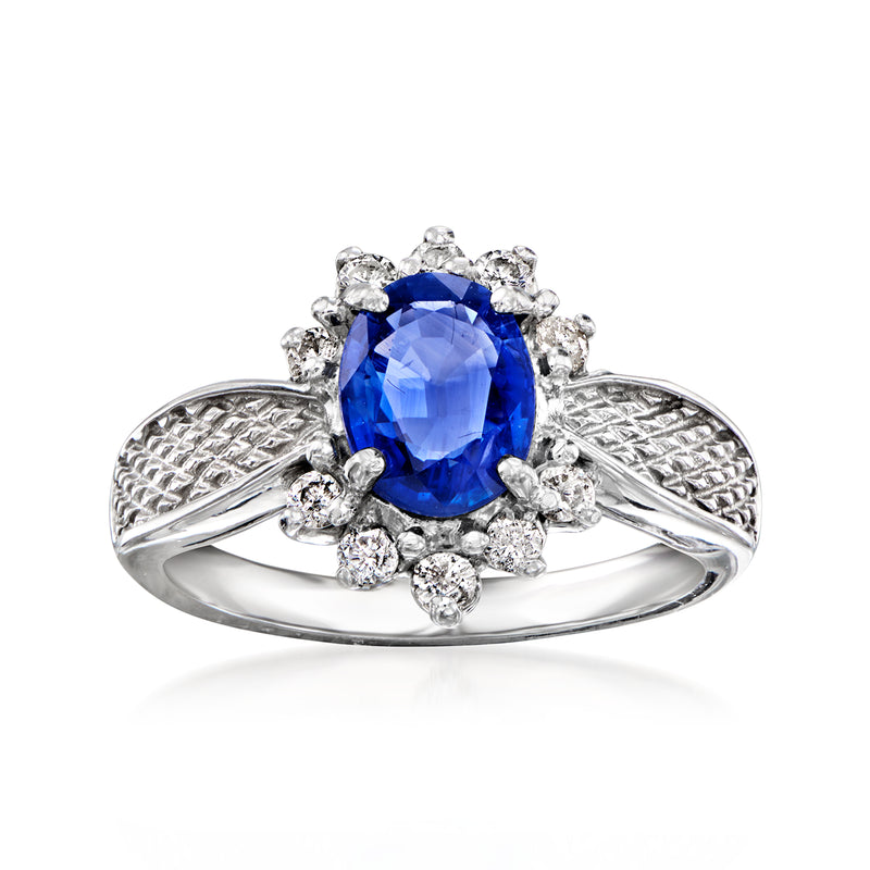 Vintage oval sapphire and diamond halo ring, 14kt white gold, textured band