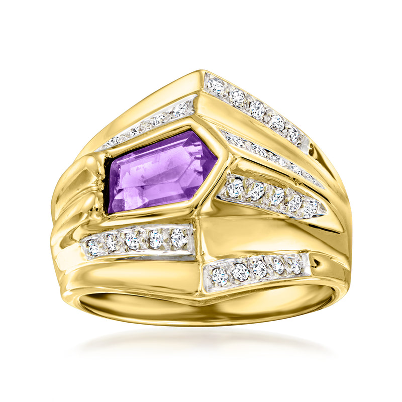 14kt yellow gold geometric ring with rectangular amethyst center and diamond accents