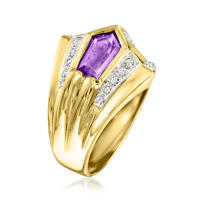 Amethyst and diamond geometric ring in polished 14kt yellow gold, side view