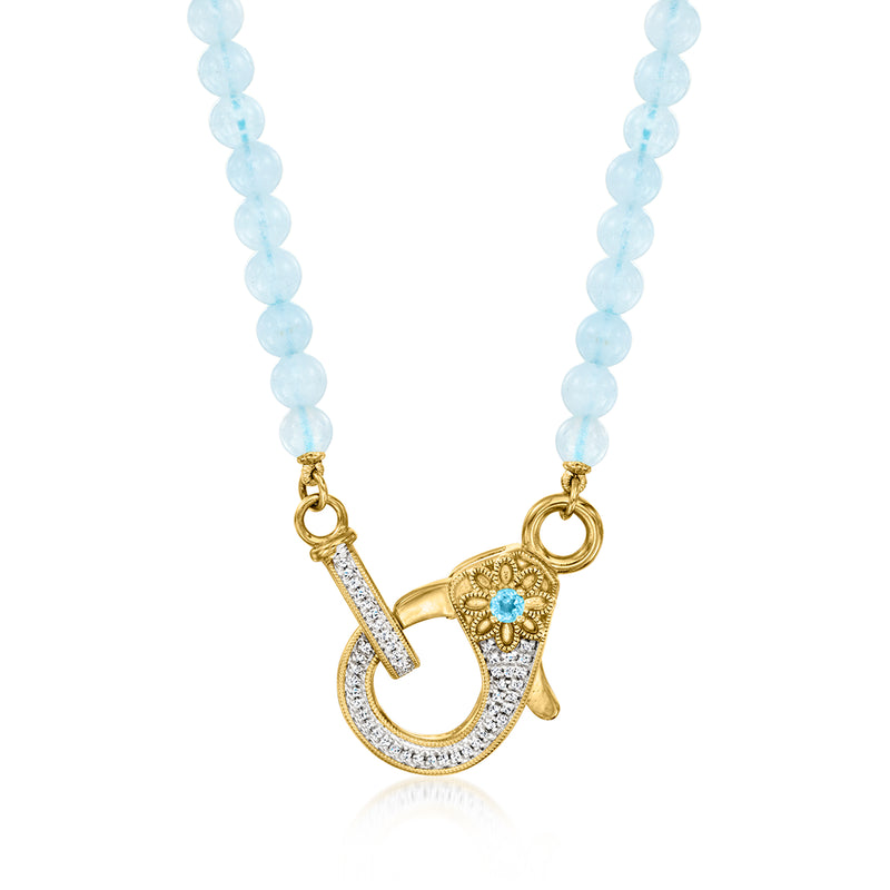 Gold and sterling bead necklace with light-blue beads and U-shaped clasp pendant