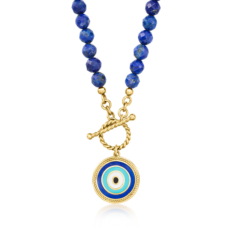 Lapis blue bead evil eye toggle necklace with round enamel charm, 18kt gold over sterling