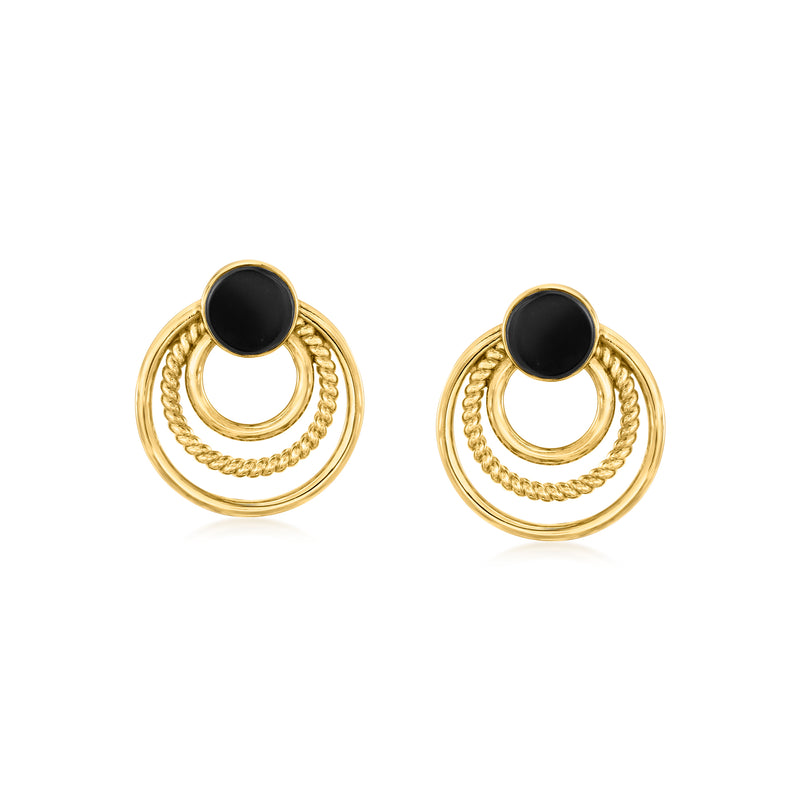 Gold drop earrings with black onyx cabochon and triple concentric circle rings