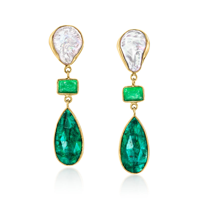 Gold-tone drop earrings with baroque cultured pearl tops and green pear-cut stones