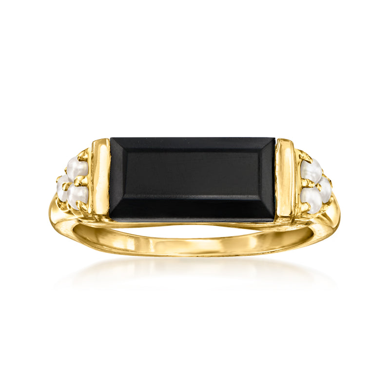 Gold ring with rectangular black onyx stone and two cultured pearl accents