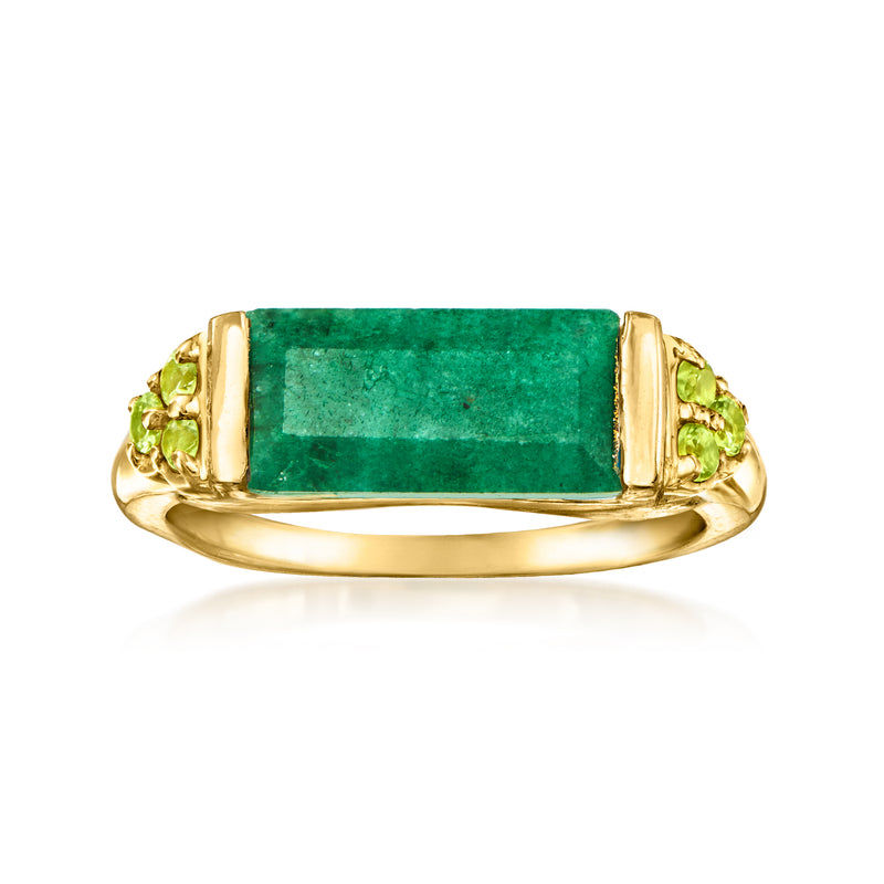 Gold ring with rectangular emerald-green center gemstone and peridot side accents
