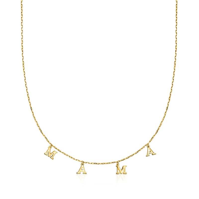 14kt yellow gold charm necklace with four letter charms: M, A, A, and M