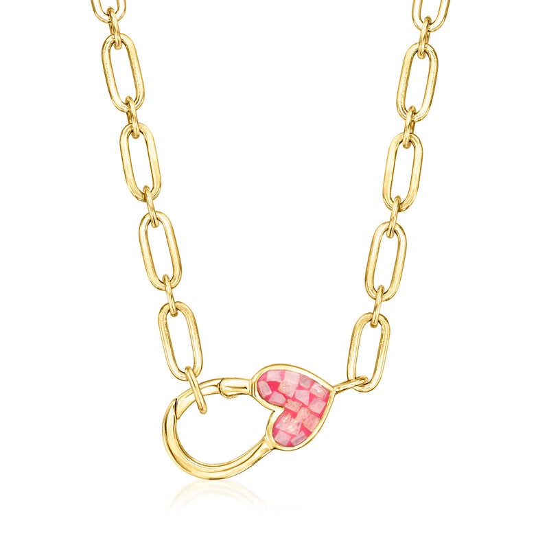 Gold-tone chain necklace with pink heart inlay lobster clasp