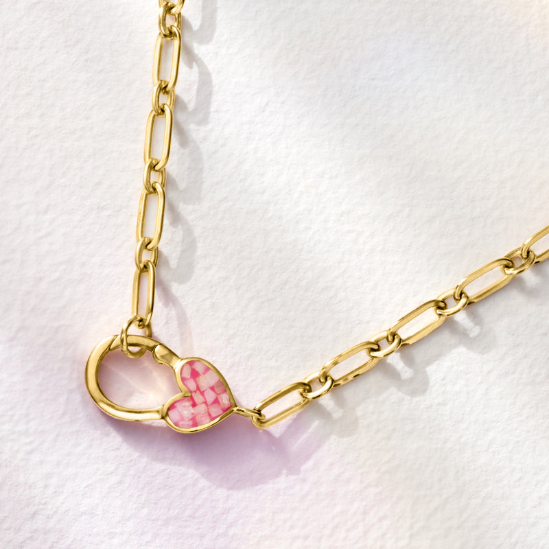 Gold-tone heart lobster clasp necklace with pink resin inlay heart