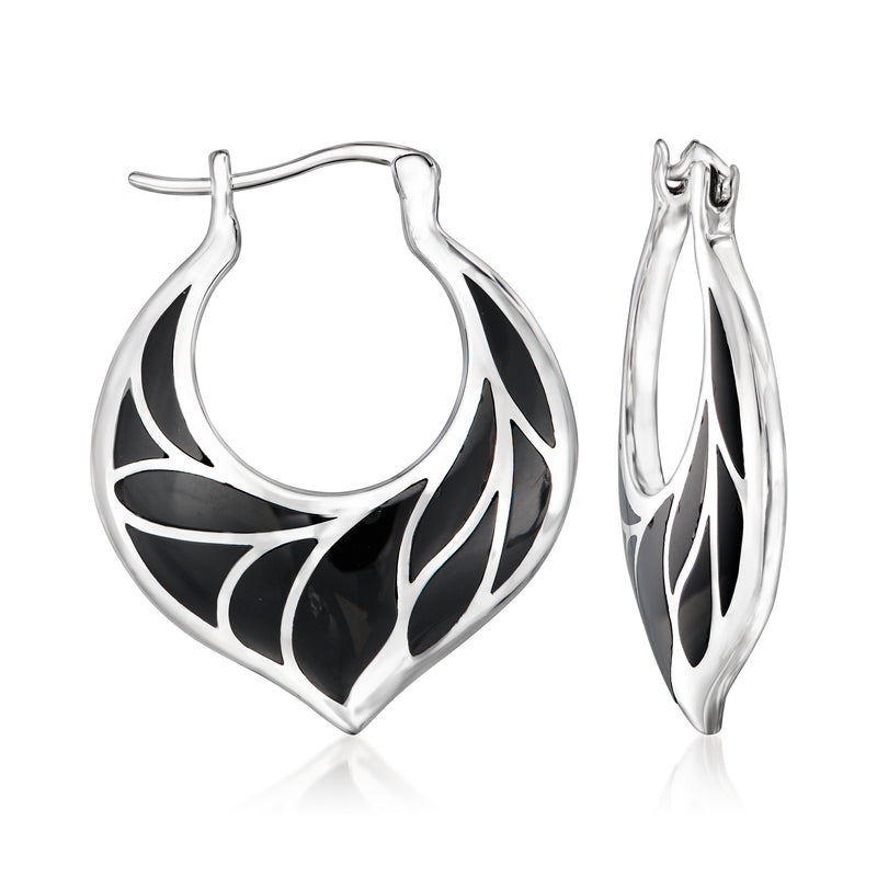 Sterling silver hoop earrings with black leaf-pattern inlay, hinged back.