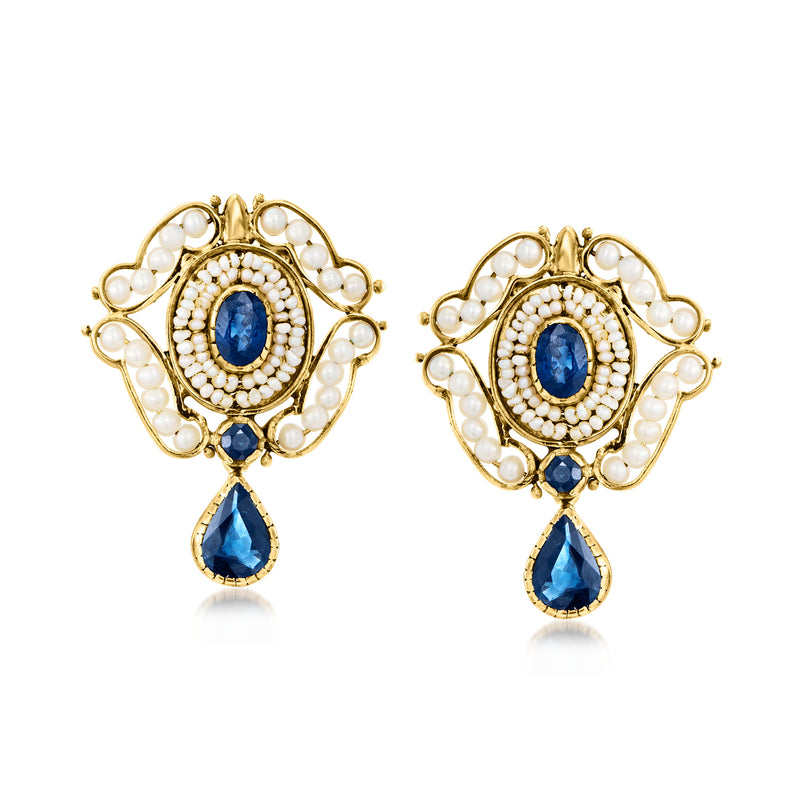 18kt yellow gold drop earrings with blue sapphire teardrops and cultured pearls
