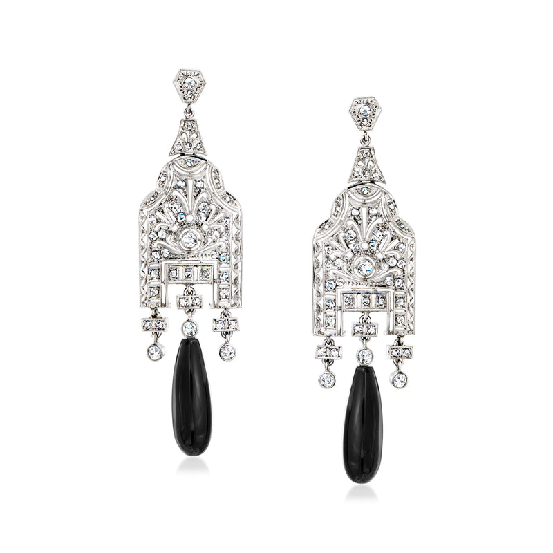 Ornate diamond and onyx drop earrings, oval onyx dangle, stud posts, white gold/platinum