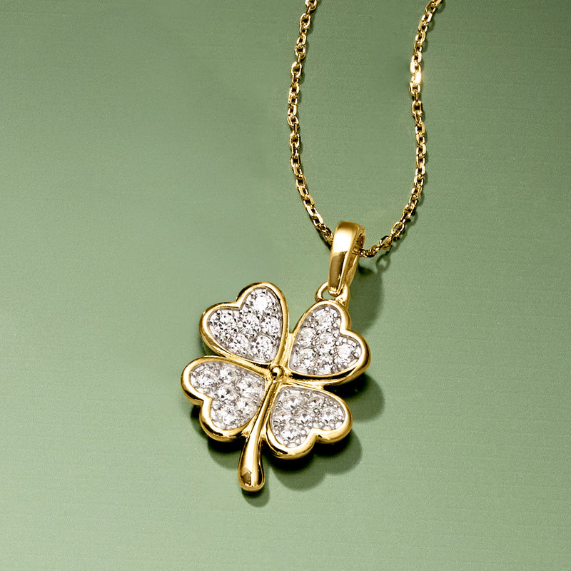 Four-leaf clover pendant necklace with CZ stones in gold over sterling