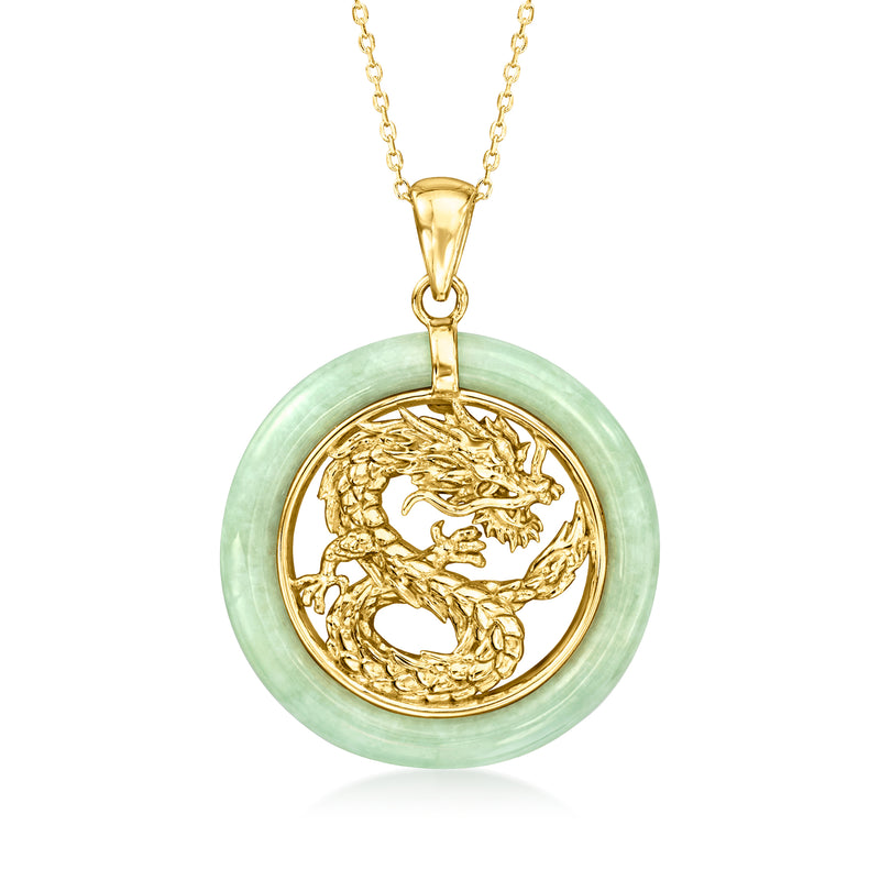 Gold pendant necklace with jade-green round disc and raised dragon design