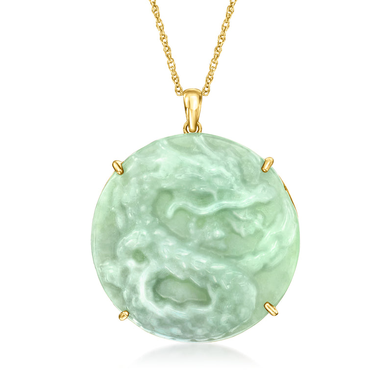 Carved mint-green jade dragon pendant on 18kt gold over sterling chain