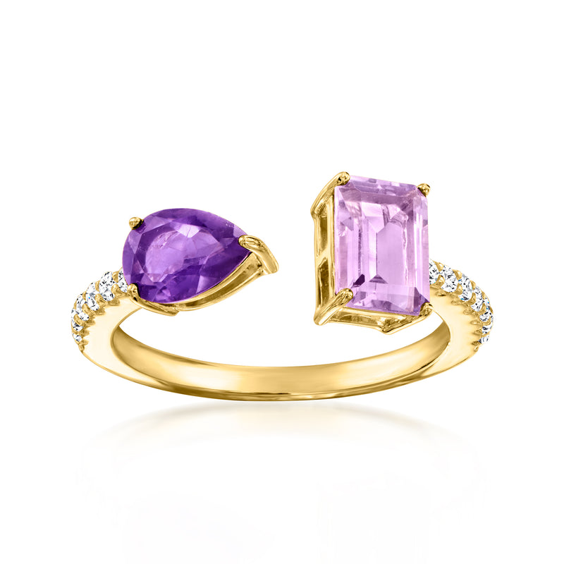 Gold toi et moi ring with oval and rectangular purple amethyst stones