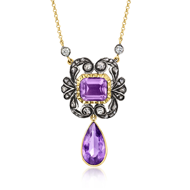 Amethyst and diamond drop necklace with square and teardrop purple pendant, gold and silver