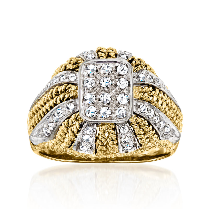 Two-tone gold diamond ring with square diamond cluster and rope-style band