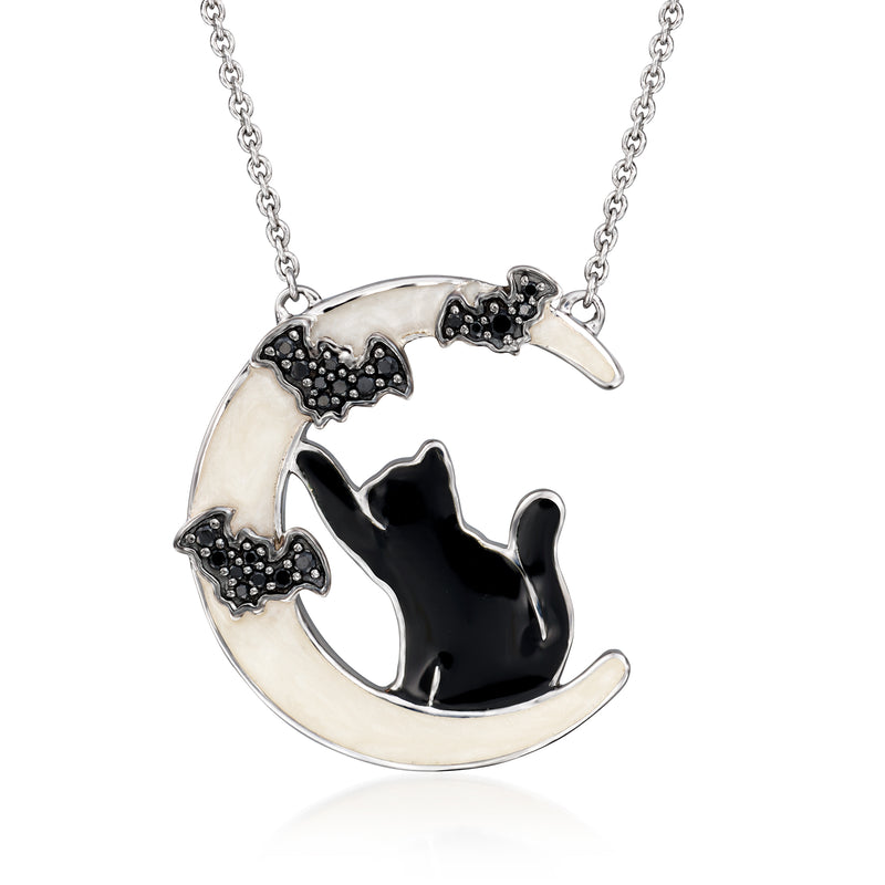 Sterling silver celestial necklace with round moon, black cat silhouette and bats