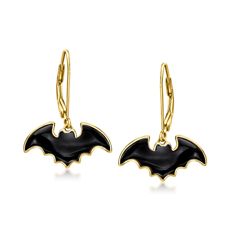 Gold-tone bat drop earrings with black enamel silhouettes and leverback closures