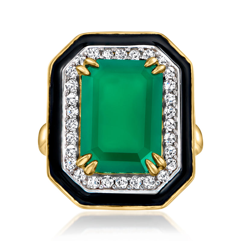 Green chalcedony-style ring with rectangular green stone, white stones halo, black enamel, gold.