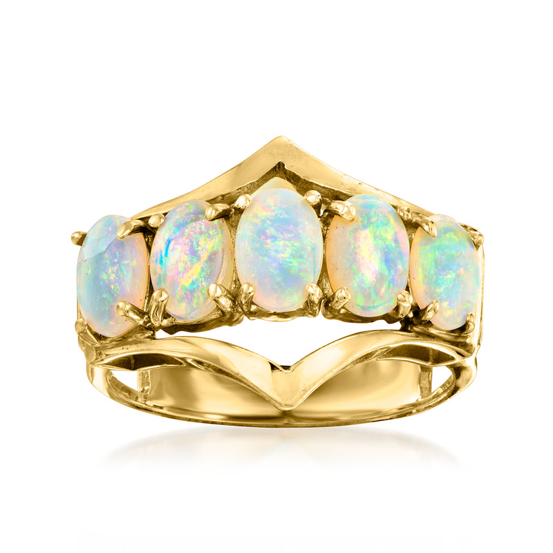 14kt yellow gold vintage ring with five oval opal cabochons in bezel prongs