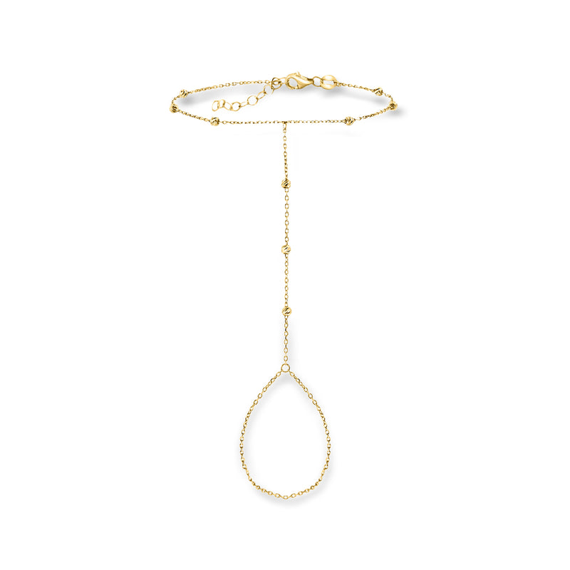 14kt yellow gold beaded hand chain bracelet with dangling teardrop bead
